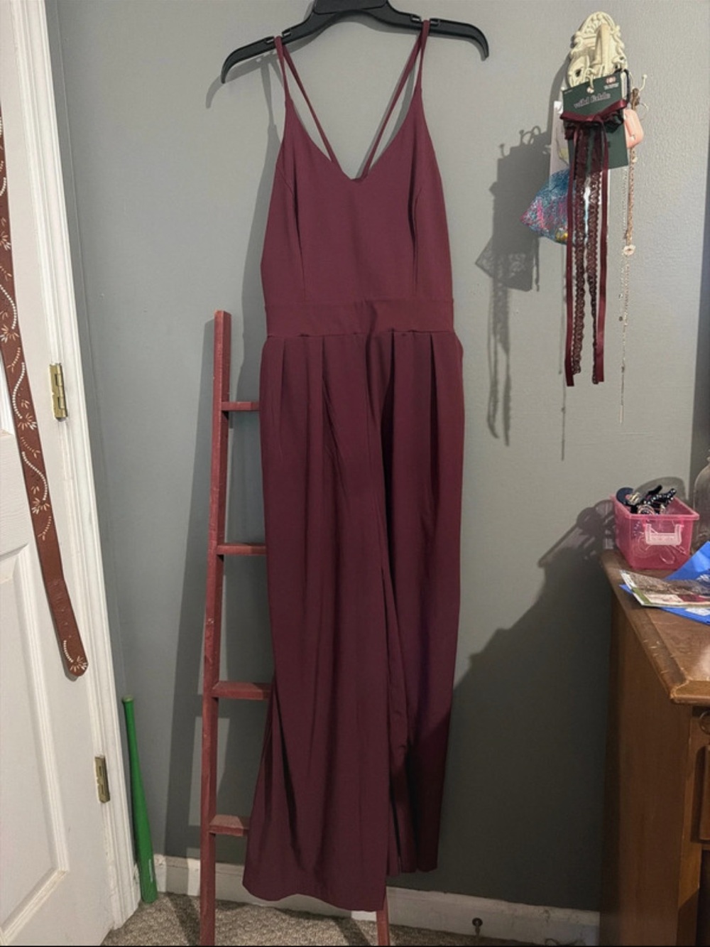 Wide leg burgundy jumpsuit